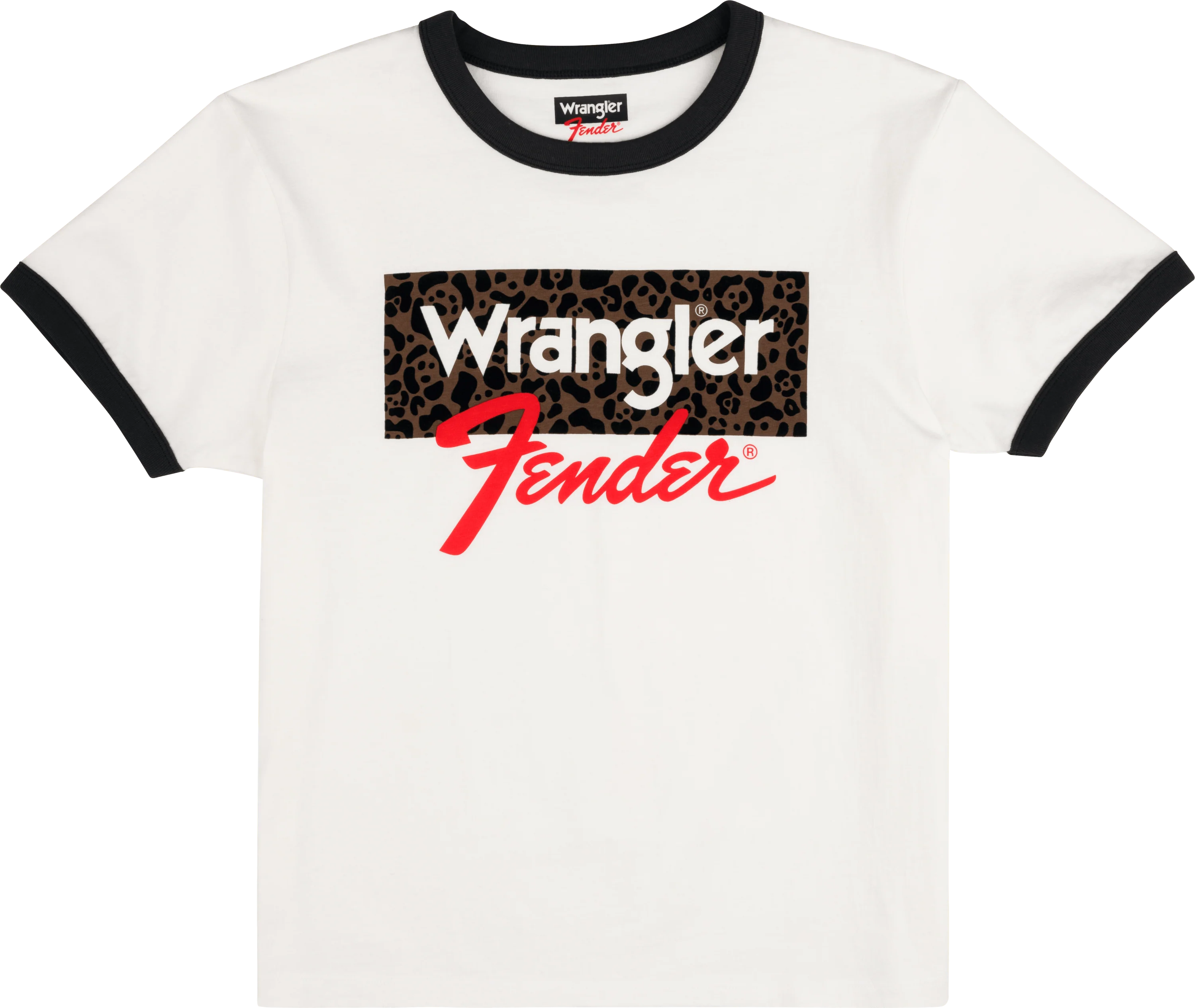 Fender® x Wrangler® Women's Animal Print Boxed Logo Tee, White/Fdblk 5 Fender® x Wrangler® Women's Animal Print Boxed Logo Tee, White/Fdblk